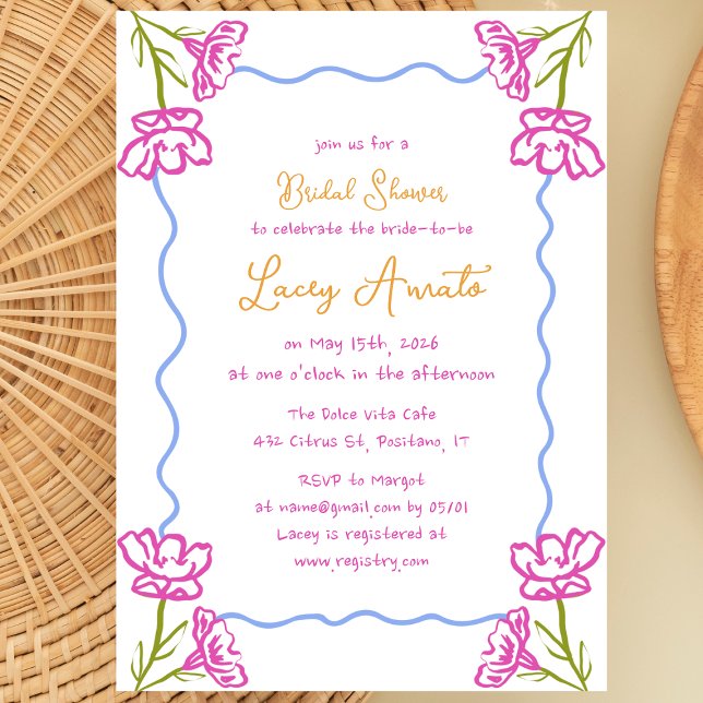 Convites Chá de panela Whimsical Desenhado à Mão Mediterrân (Bougainvillea blooms & citrus vibes make this chic bridal shower invitation a Mediterranean dream!)