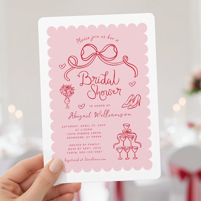 Convites Chá de panela Whimssius Vermelho Cor-de-Rosa (Shown on a 5" x 7" invitation with Rounded Corner Style)