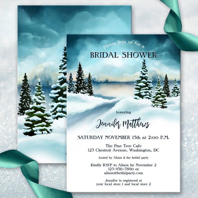Convites Chá de panela Wonderland Wonderland (Watercolor winter wonderland bridal shower invitation in pretty teal turquoise colors.)