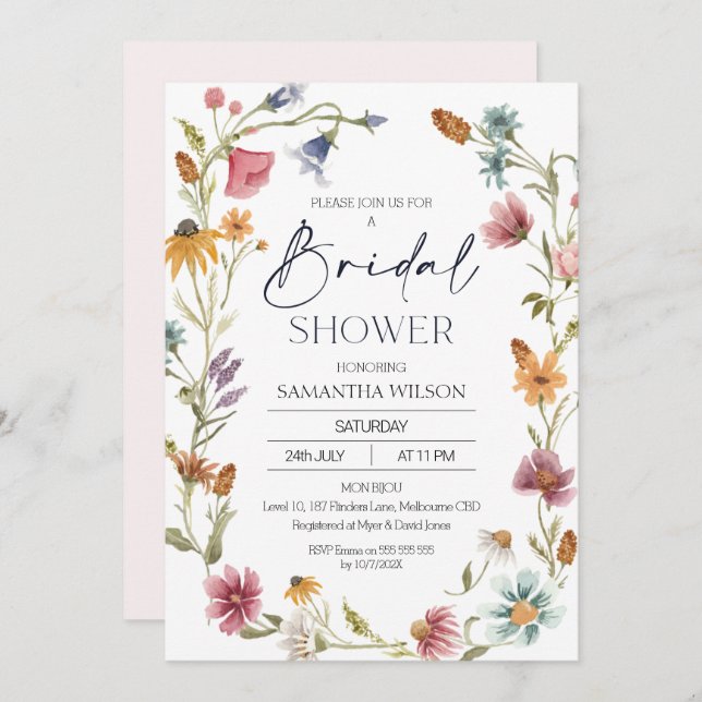 Convites Chá de panela Wreath Wildflower (Frente/Verso)