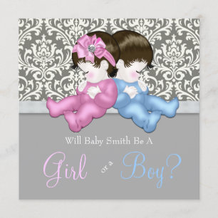 Convites Chá de Revelação de Gênero Damask Cinza Elegante