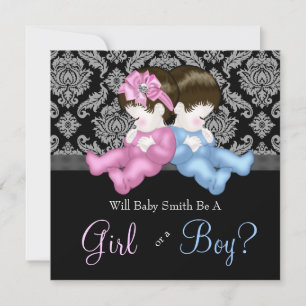 Convites Chá de Revelação de Gênero Elegante Preto Damasco