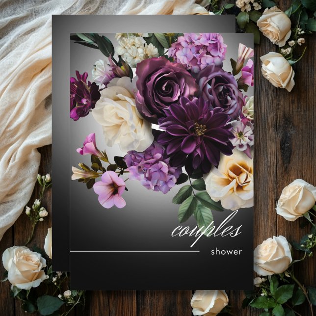 Convites Chá de Romance Floral Roxal da Meia-Noite Escura (Dark Midnight Purple Floral Romance Couples Shower Invitation)
