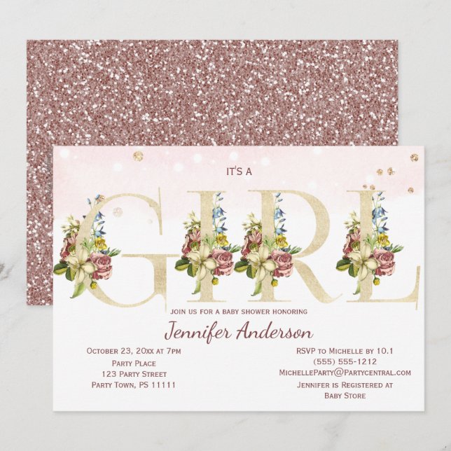 Convites Chá de Rosa de Aquarela Dourada de Glitter Baby Gi (Frente/Verso)