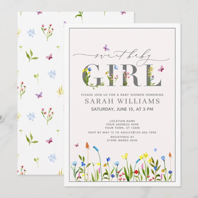 Convites Chá de Script bonito da Sweet Baby Girl (Frente/Verso)