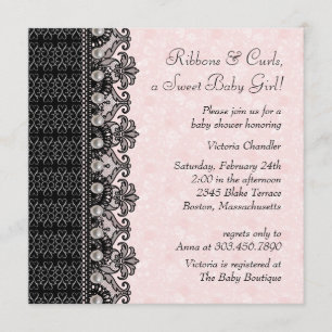 Convites Chá do bebé do preto do rosa do laço das pérolas