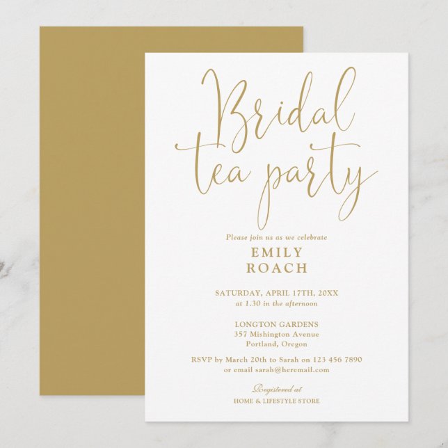 Convites Chá do Partido do Chá Bridal do Script Dourado Mod (Frente/Verso)