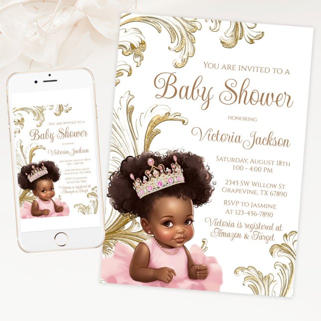 Convites Chá Dourado de Menina Negra Rosa (Pink gold African princess baby shower invitation. Available for instant download and print.)