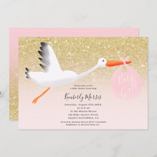 Convites Chá Dourado do bebé da ilustração do brilho da (Frente/Verso)