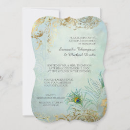 Convites Chá Dourado Penas de Peacock Folhas Casais Elegant