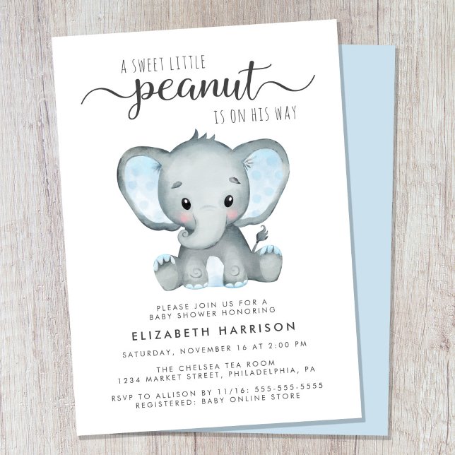 Convites Chá Elefante Blue Watercolor Baby Boy (Cute sweet little peanut baby boy shower invitation)