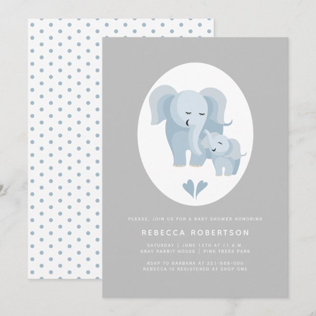 Convites Chá elefante de cinza azul e bebê (Frente/Verso)