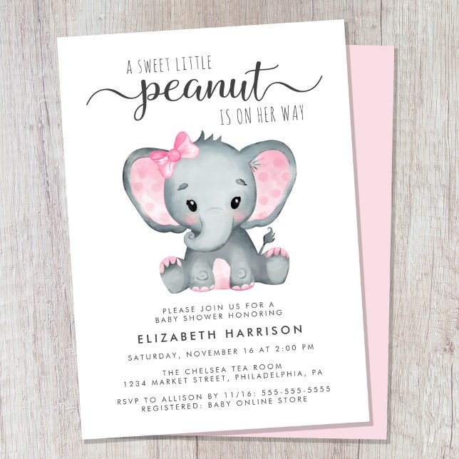 Convites Chá Elefante Pink Watercolor Baby Girl (Cute baby girl shower invitation)