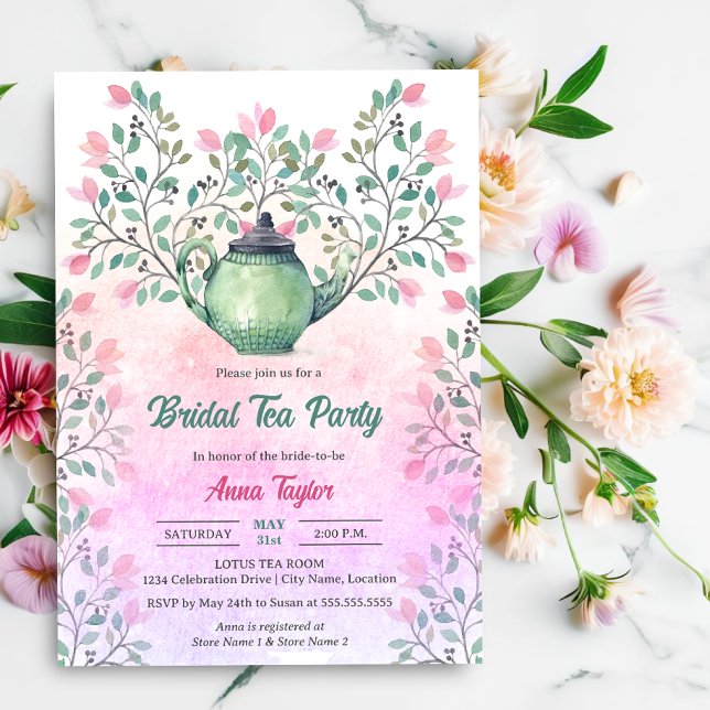 Convites Chá Elegante do Conjunto de Buquê de Chávena (Elegant tea party invite with  teapot and floral design elements front view.)