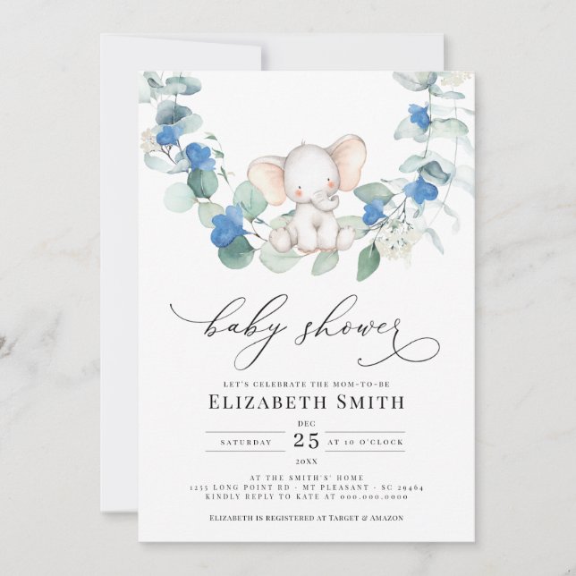 Convites Chá Eucalyptus Greenerence Elefante Blue Baby Boy (Frente)