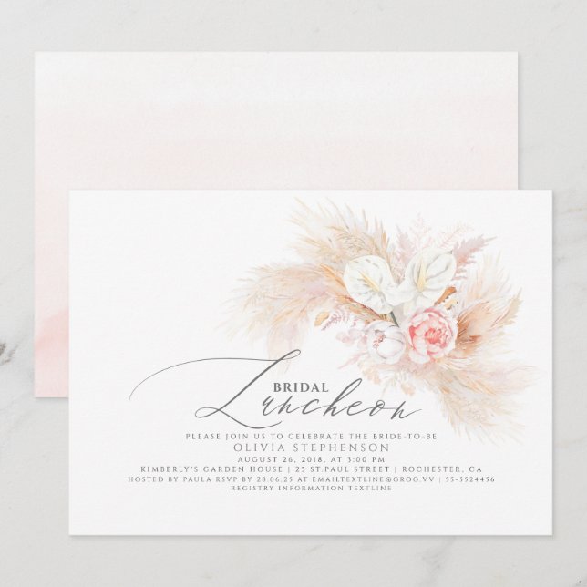 Convites Chá Exótico Floral de Grass Pampas de Bridal (Frente/Verso)