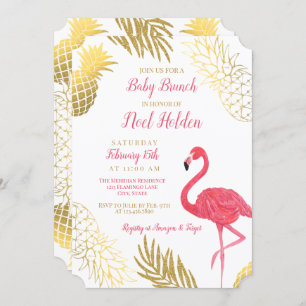 Convites Chá Flamingo e Pineapple Baby Brunch Dourado