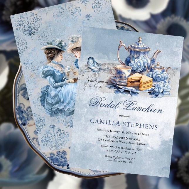 Convites Chá Floral Azul Elegante Set Bridal Luncheon Tea (Elegant Blue Floral Tea Set Bridal Shower Tea Party Invitation)