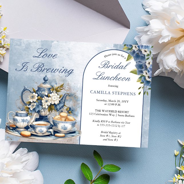 Convites Chá Floral Azul Elegante Set Bridal Luncheon Tea (Elegant Blue Floral Teacup Bridal Shower Tea Landscape Invitation)