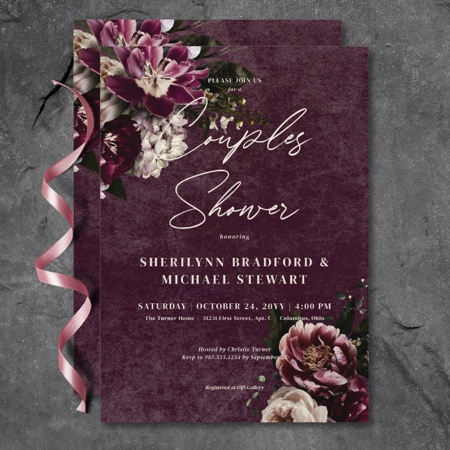 Convites Chá Floral Branco da Borgonha Escura Elegante (Dark Elegant Burgundy White Floral Couples Shower Invitation)