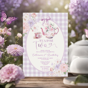 Convites Chá Floral de Gingham Roxo Para Duas Pessoas no 2º