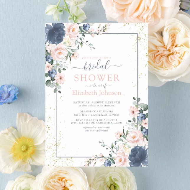 Convites Chá Floral Dourado Rosa Rosa Azul-Dusta Claro Azul (Blush Blooms Await You: Join Us for a Bridal Shower to Remember)