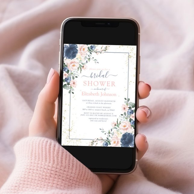 Convites Chá Floral Dourado Rosa Rosa Azul-Dusta Claro Azul (Criador carregado)