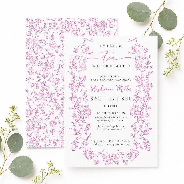 Convites Chá Floral Rosa com o Chá de Bebê para a Futura Ma (Pink Floral Tea with the Mom-to-be Baby Shower Invitation)