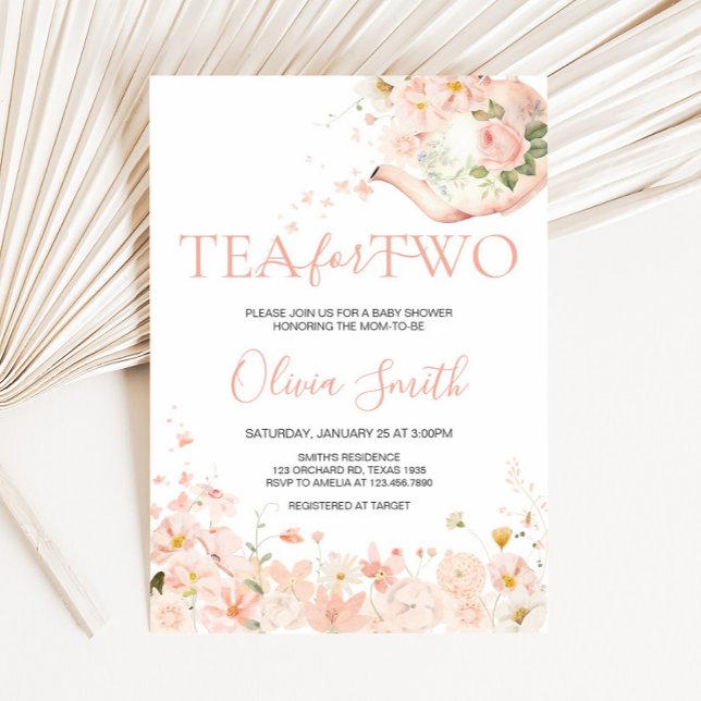 Convites Chá Floral Rosa para Dois Chás de fraldas (Floral Tea for Two Twin Baby Shower Invitation)