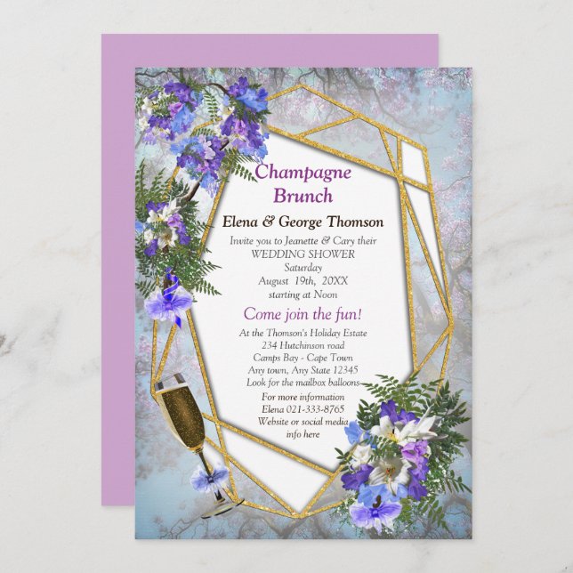 Convites Chá geométrico Dourado e das Flores de Jacaranda (Frente/Verso)