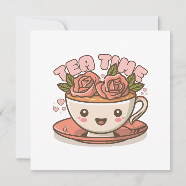 Convites Chá Hora Rosa Chá Kawaii (Frente)