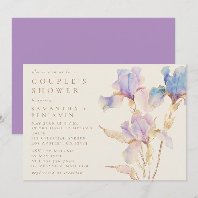 Convites Chá Iris Floral de Casal de Aquarela Elegante (Frente/Verso)
