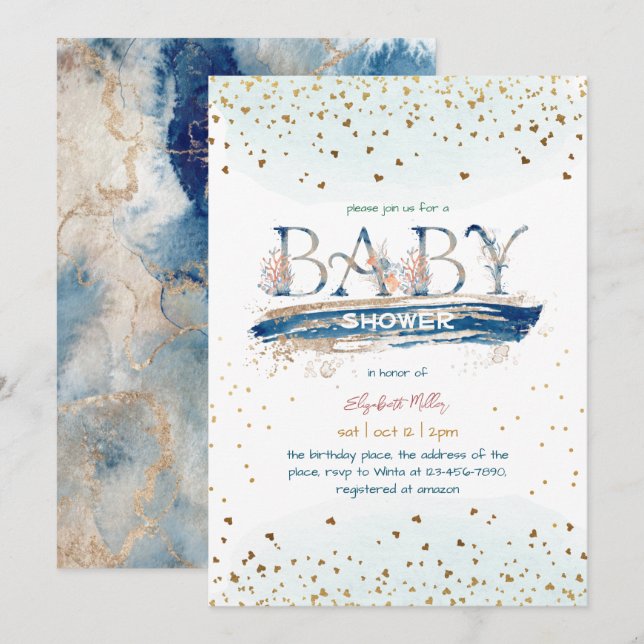 Convites Chá marinho Azul Dourado Glitter Baby Boy (Frente/Verso)