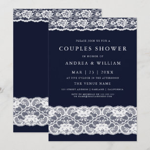 Convites Chá Marinho Azul Elegante Lace Branco Casal Modern