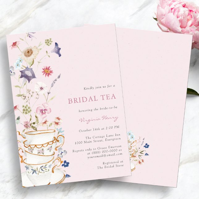 Convites Chá Nupcial Floral Rosa (Elegant Pink Floral Bridal Tea Invitation by Painted Paperie
)