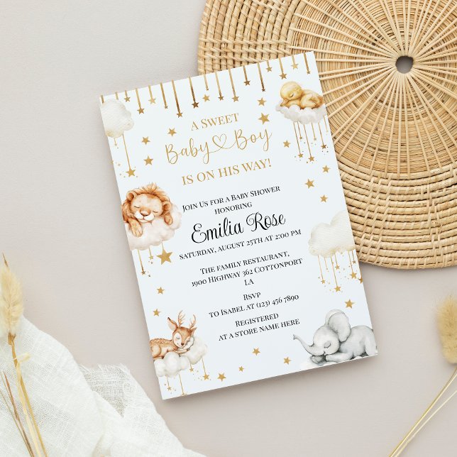 Convites Chá ouro Star Baby Boy  com Floresta Dormindo Anim (Criador carregado)