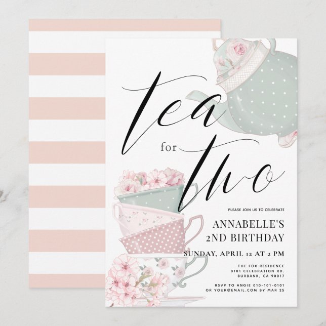 Convites Chá para Dois segundos aniversários do Tea Party (Frente/Verso)