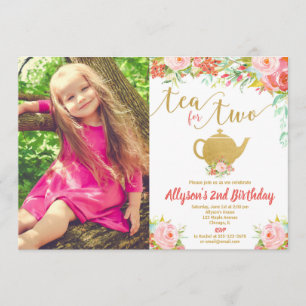 Convites Chá para duas fotos de segundo aniversário cor-de-