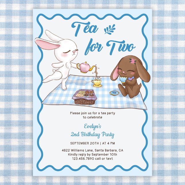Convites Chá para segundo aniversário de Festa de Chá Anima (Tea Party 2nd Birthday Invitation Cute Bunny Picnic Theme for Toddler Girl)