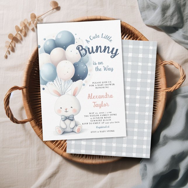 Convites Chá Pequeno Arco De Balões Marinho Bebê  (a little bunny baby boy shower invitation springtime easter garden picnic navy blue balloons sweet)