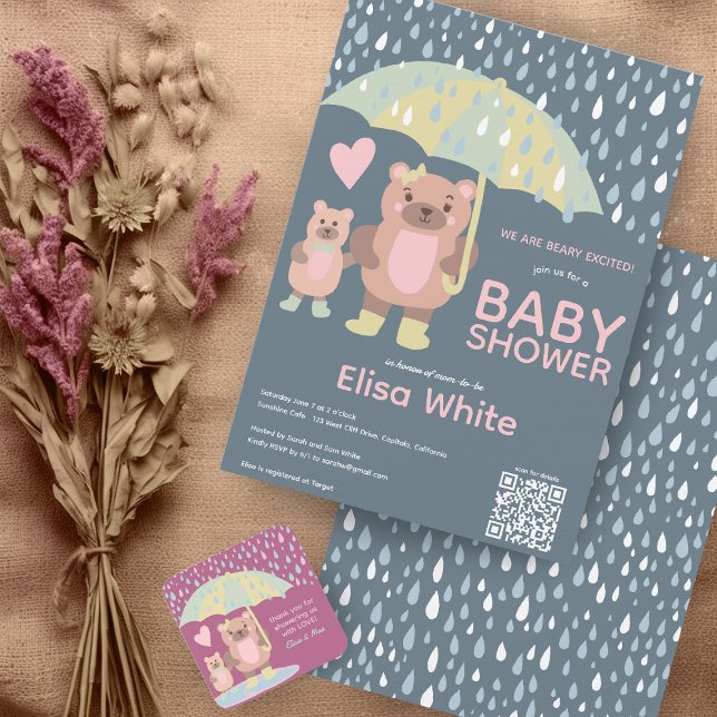 Convites Chá personalizado do CÓDIGO QR do Raindrops Mama & (Raindrops Mama & Baby Bear QR CODE Custom baby Shower  Sprinkle Invitation)
