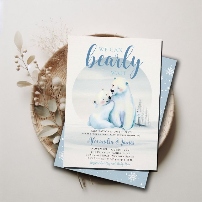 Convites Chá Polar Bear Cub (we can bearly wait baby boy shower invitation winter polar mama bear cub cute sweet animal blue ice)