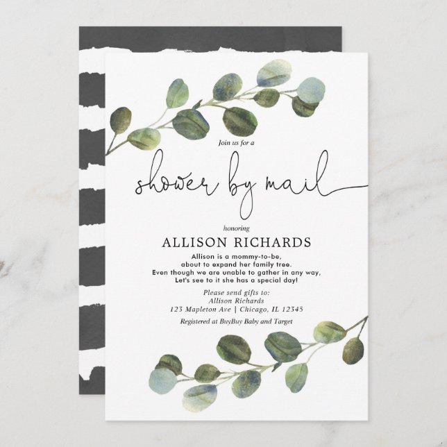 Convites Chá por correio, chá de fraldas moderno de eucalip (Frente/Verso)