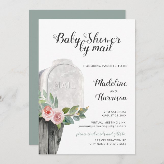 Convites Chá por Mail Floral Verde Longa Distância Virtual (Frente/Verso)