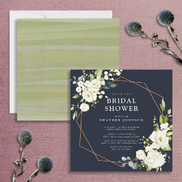 Convites Chá Quadrado Floral Branco Azul Geométrico