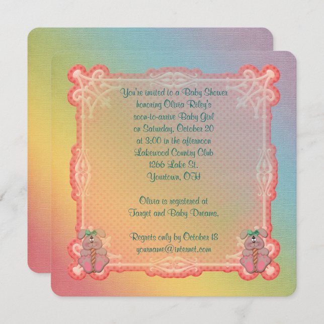 Convites Chá Rainbow and Bunnies Baby Girl (Frente/Verso)