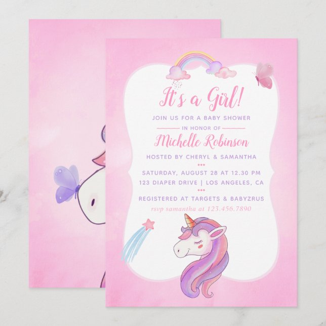 Convites Chá Rainbow Unicorn Baby Girl (Frente/Verso)