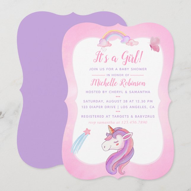 Convites Chá Rainbow Unicorn Baby Girl (Frente/Verso)