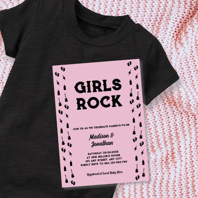 Convites Chá Rock N Roll Guitar Baby Girl (Rock N Roll Guitar Baby Girl Shower Invitation)