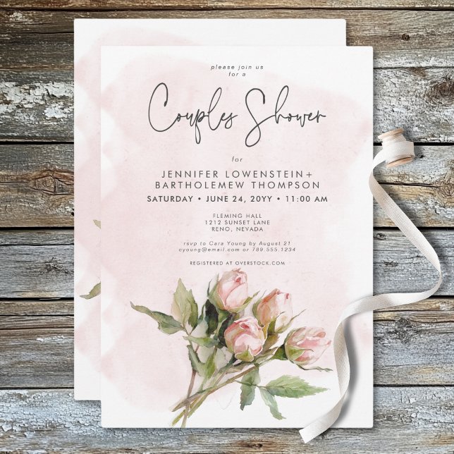Convites Chá Romântico de Casais de Rosas Rosa-Cana-de-Água (Romantic Watercolor Pink Roses Couples Shower Invitation)